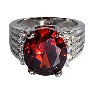 Red Crystal Large Statement Ring 925 Sterling Silver Bold Cocktail